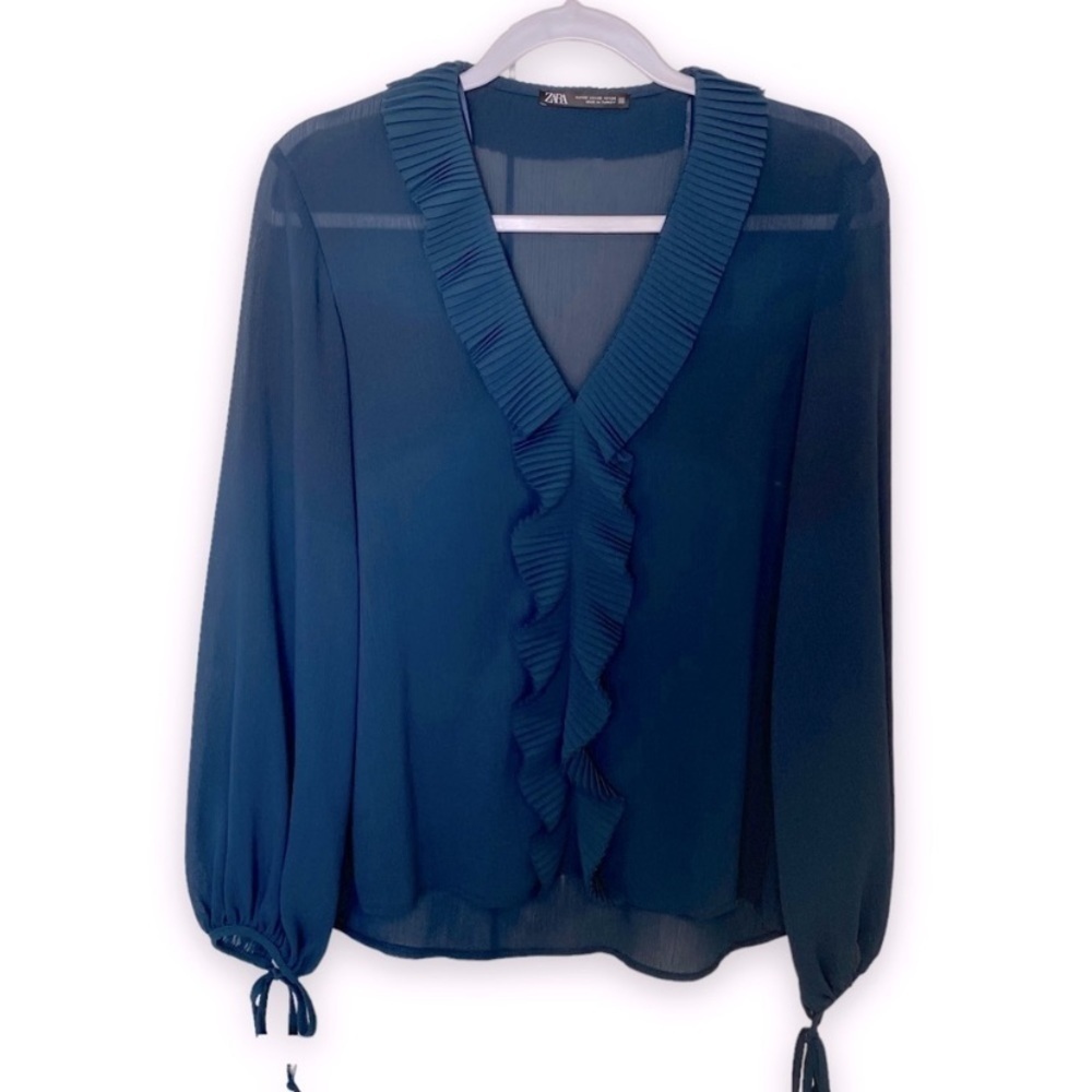 Zara Teal Blue Crepe Blouse with ruffle detail - Size XS (Oversized) Turkey - Picture 2 of 6